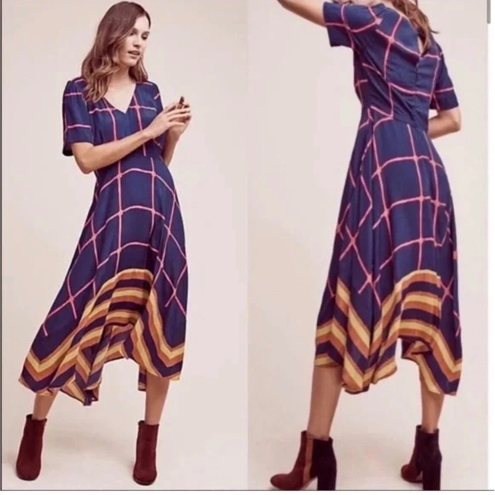 HD in Paris Anthropologie Navy Blue Pink Grid Striped Handkerchief Midi Dress 4
